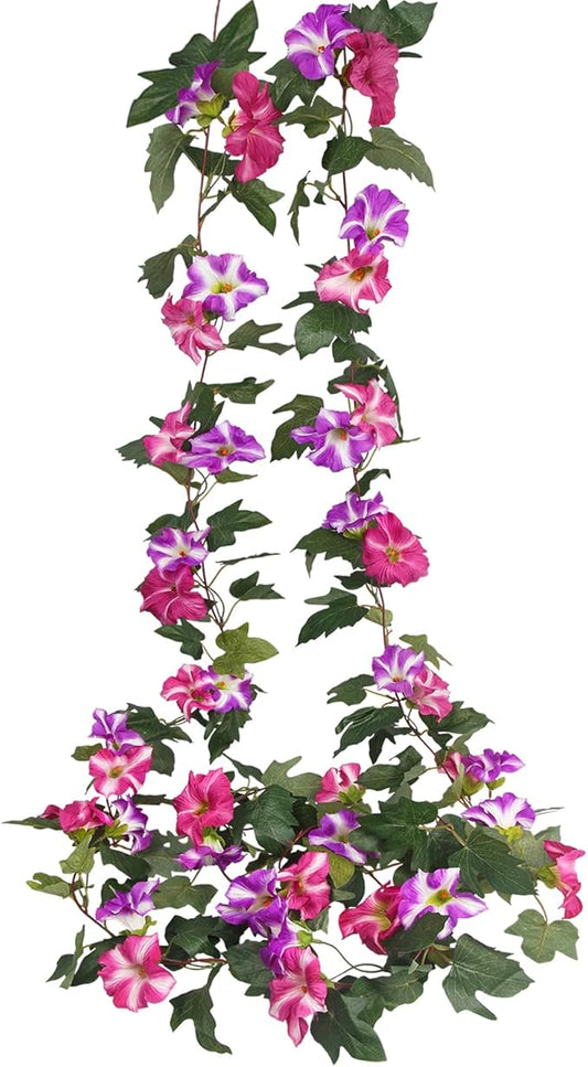 CISDUEO 2 Pcs Artificial Vines for Outdoors Silk Morning Glory Garland 11.5 Ft Hanging Flowers Plants Fake Petunias Vines for Indoor Home Decor Wall Fence Mantle Stairway Mailbox Rose Red and Fuchsia