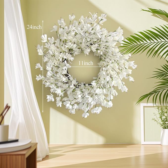 Spring Wreath for Front Door, 24 Inch White Cream Forsythia Spring Wreath Blossom Cluster Flower Farmhouse on Grapevine for Festival Celebration Front Door Wall Window Hanging Décor