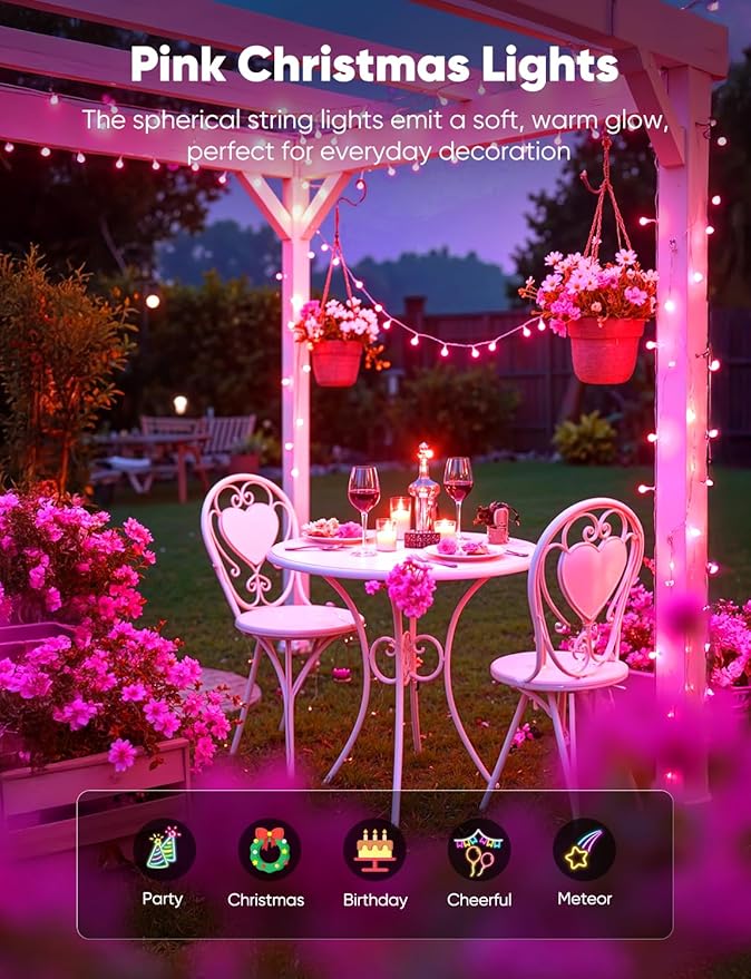 Minetom Globe String Lights, 33 Feet 100 Led Fairy Lights Plug in, 8 Modes with Remote Mini Globe Lights for Indoor Outdoor Bedroom Party Wedding Garden Christmas Tree Decor, Pink