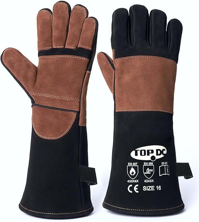 TOPDC Welding Gloves 16Inch 1000℉Heat/Fire Resistant Reinforced Leather Fireproof Gloves with Kevlar Stitching for Mig, Tig, Stick, Forge, BBQ, Grill, Oven, Fireplace, Furnace, Animal Handling, MEDIUM