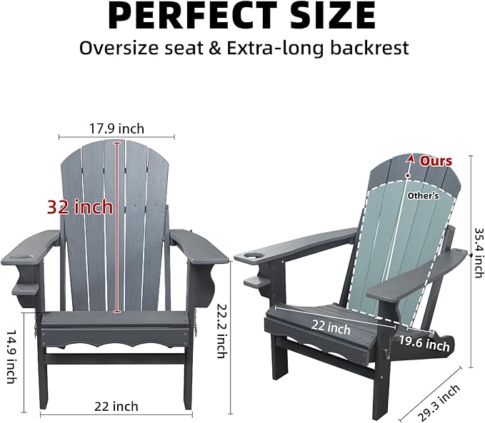 Fire Pit Chairs, HDPE Folding Adirondack Chairs Weather Resistant, Composite Foldable Adirondack Patio Chair with Cup Holder and Umbrella Hole, Grey