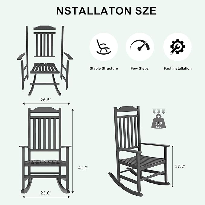Outdoor Rocking Chair Porch Rocker All Weather Resistant Porch Rocker for Lawn Garden High Back Armrest (2,Black)