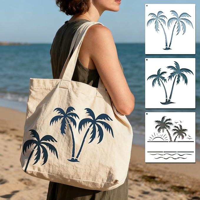 6 Pcs Palm Tree Stencils, 8.26x11.8inch Reusable Beach Stencils for Painting On Wood, DIY Paint Palm Tree Stencil for Craft, Wall Home Decor, Canvas, Walls (D)