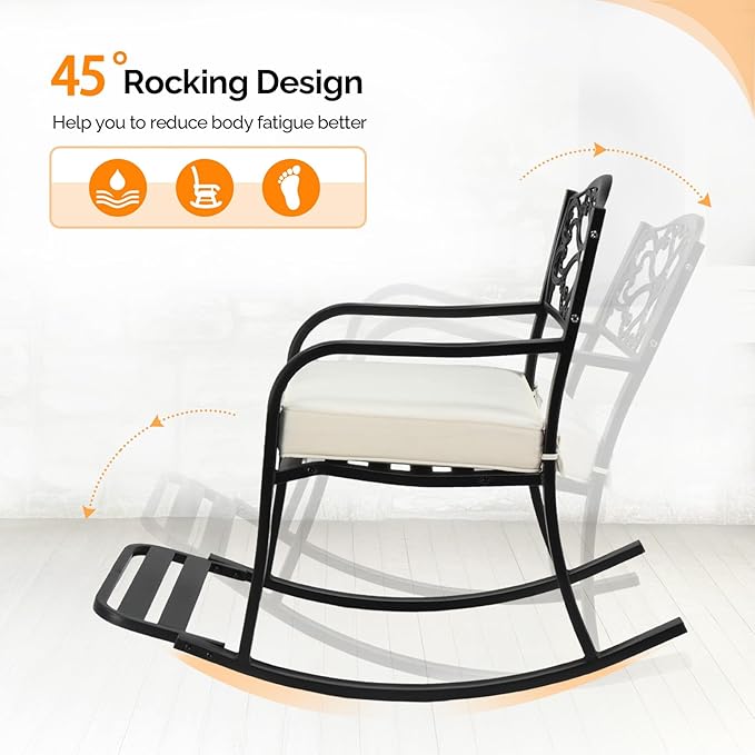 VINGLI Metal Rocking Chair, Outdoor Rocking Bench with Cushion, Patio Rocker with Footrest, Weatherproof Rocking Chair for Outside, Patio, Garden, Flower Backrest