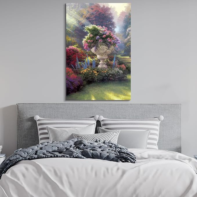 STUDIO HAVEN Thomas Kinkade Canvas Wall Art, Elaborate Stone Planter Overflowing Blooms Sunlit Meadows Oil Painting Poster Lush Floral Wall Decor, Framed Prints for Home Decor, 24x36Inch