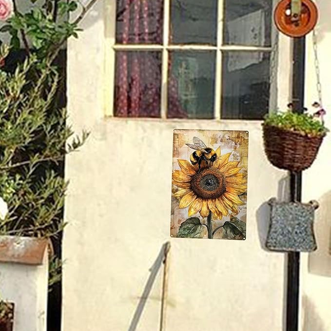 Vintage Garden Metal Tin Signs Bee Sunflower Funny Tin Sign Rustic Indoor Outdoor Wall Decor for Home Garden Yard Farmhouse Greenhouse Patio Porch Bar 8×12 Inch