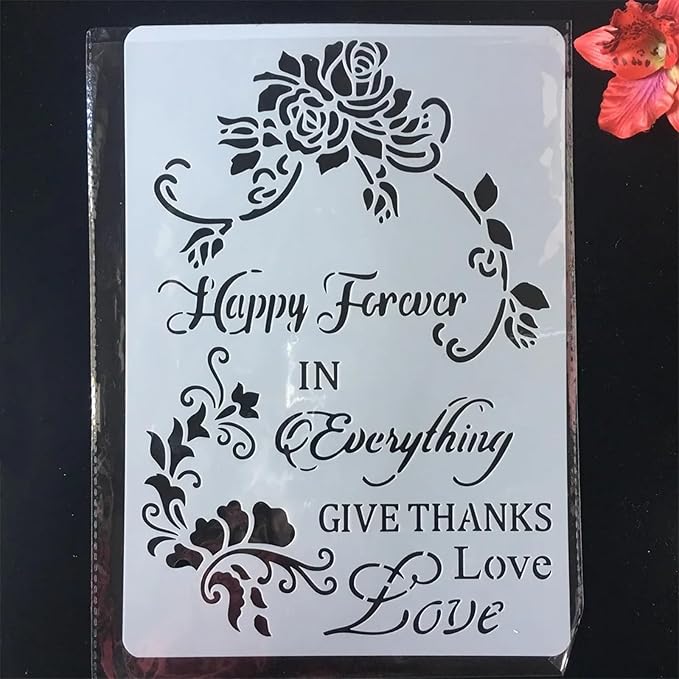TIAMECH A4 Reusable Happy Forever Stencil for Painting - Flower Love Layering Template, DIY Wall Art, Wood Furniture, Scrapbook & Crafts (8.3x11.7inch)