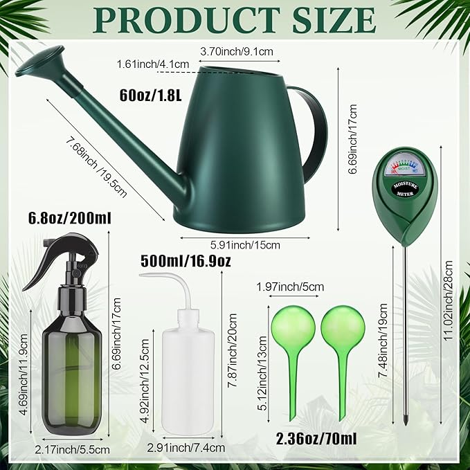 6 Pcs Indoor Watering Can Set 1/2 Gallon Can 6.8 oz Spray Bottle 17 oz Squeeze Bottle Plant Watering Globes Soil Moisture Meter Small Spraying Set for Indoor Outdoor Plants (Dark Green)