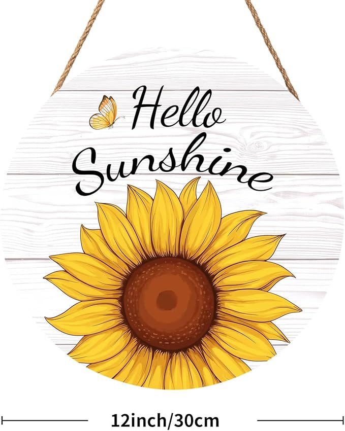 Hello Sunshine Door Sign For Front Door Decor,Spring Summer Sunflower Butterfly Wooden Sign 12"x 12" Round Hanging Door Sign Decoration for Wall Rustic Decor