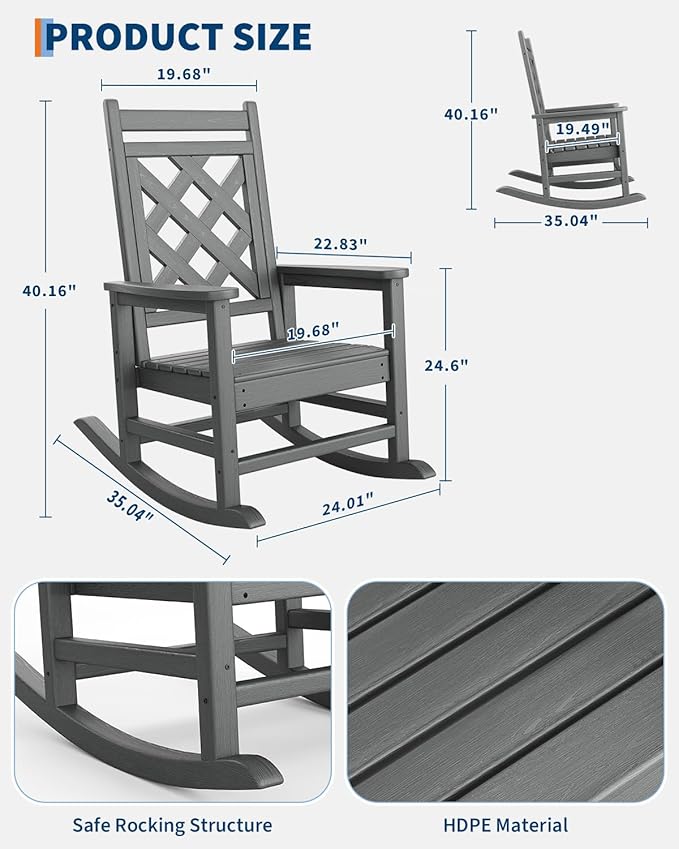 GarveeLife Outdoor Rocking Chair Set of 2 with Side Table, HDPE Weather Resistant Patio Rocking Chair Porch Rocker with Wood Texture & 380 LBS Support for Deck, Pool, Backyard, Gray