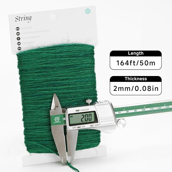 G2PLUS Green Jute Twine 2mm 3 Ply, 164Ft Craft Twine String for Gift Wrapping, DIY Crafts, Gardening and Christmas Decorations