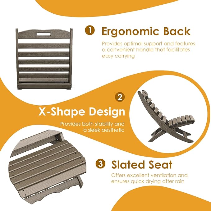 IVY&LANE Portable Xavier-Chairs Set of 2 | Folding-Adirondack-Chair | Wave | HDPE Plastic | Wood Grain | All-Weather Resistant | for Outdoor Fire-Pit Patio Lawn Beach Poolside