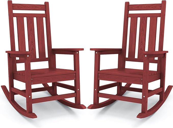 KINGYES Outdoor Rocking Chair Set of 2, All-Weather Patio Rocking Chairs for Porch, HDPE Rocking Outdoor Chairs with High Back for Adult, Heavy Duty Outdoor Patio Rockers for Garden, Lawn, Red