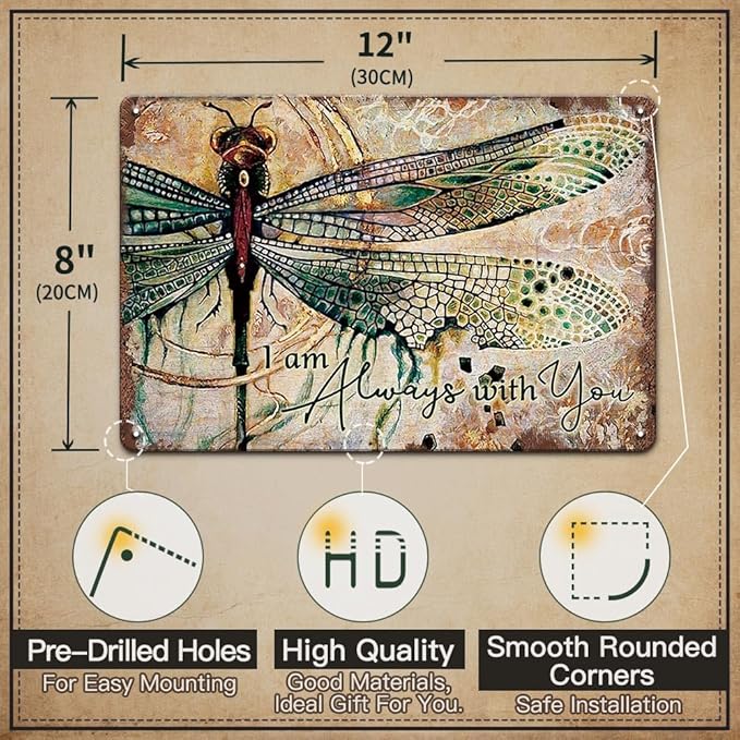 YOYI ART Metal Dragonfly Wall Decor Sign - I Am Always With You, Vintage Tin Signs for Home, Bedroom, Kithcen, Garden, Patio and Yard Wall Art Accessories, Dragonfly Gifts for Women, 12 x 8 inch