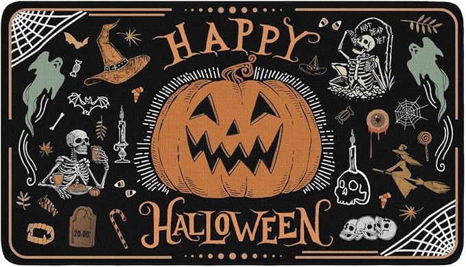 Halloween Decor Welcome Door Mat,Funny Skeleton Pumpkin Home Decoration Non-Slip Indoor Outdoor Front Doormats Rug 17 x 30 Inch