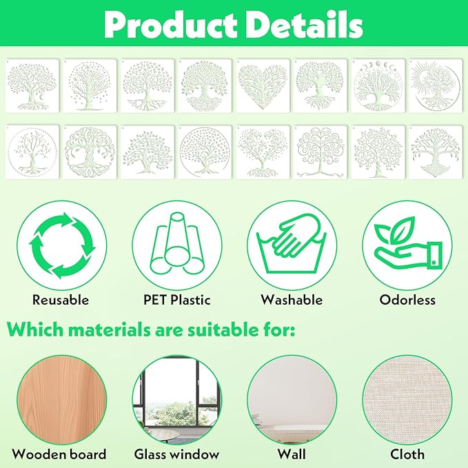 Tree of Life Stencils, 16 PCS 6x6 Inch Plant Reusable Plastic Paint Templates for Painting on Wood, Trees Stencils Set for Spraying Rock Canvas Drawing Art Fabric Tile Home DIY Craft Decoration