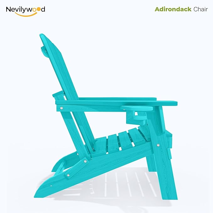 nevilywood Folding Adirondack Chair with Cup Holder Set of 4, HDPE Patio Chairs,All-Weather Outdoor Chairs for Backyard, Deck,Fire Pit-Aruba