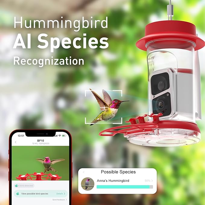 Soliom Hummingbird Feeder with Camera, Smart Bird Feeder Camera with 2K Live View AI Identify Species, Leak Proof & Ant Moat & Bee Proof, Outdoor Pole/Hook Hanging, 16 OZ Ideal Gifts for Family-Red
