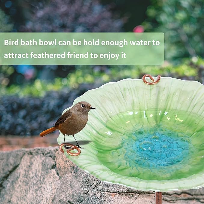 MUMTOP 26 Inch Height Glass Birdbath Birdfeeder with Metal Stake Garden Outdoor Green