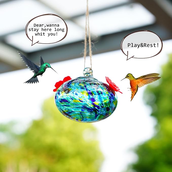 3.3OZ Glass Hummingbird Feeder with 2 Feeding Ports 3inch Blown Glass Hummingbird Feeder for Outdoors Hanging Garden Patio Decoration Uniques Gifts for Women