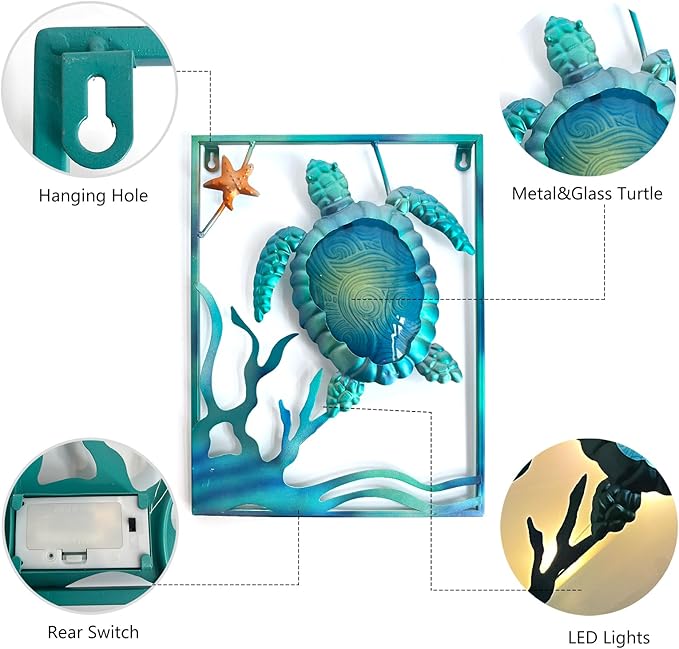 LIFFY Metal Sea Turtle Beach Themed Bathroom Wall Art Decor with Frame-Outdoor Wall Art with LED Fairy Lights, Fish Glass Art Wall Sculpture for Patio,Beach,Garden,Yard,Pool,home gift(2pcs, Blue)
