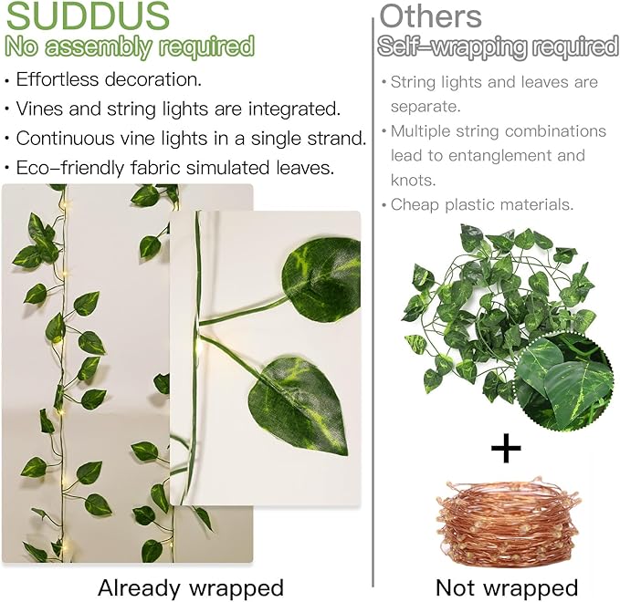 suddus Vine with Fairy Lights Battery Operated, 13.1ft 40 LED Pothos String Lights with Remote, Leaf Lights for Bedroom, Room, Wall, Garden, Party, Wedding Dorm Decor(Warm White)