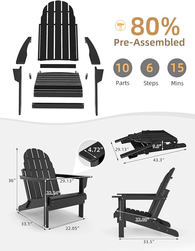 Folding Adirondack Chair - Durable HDPE Poly Lumber All-Weather Resistant, Foldable Oversized Balcony Porch Patio Outdoor Chair for Lawn, Backyard, Deck, Garden, Camping - Easy Installation, Black