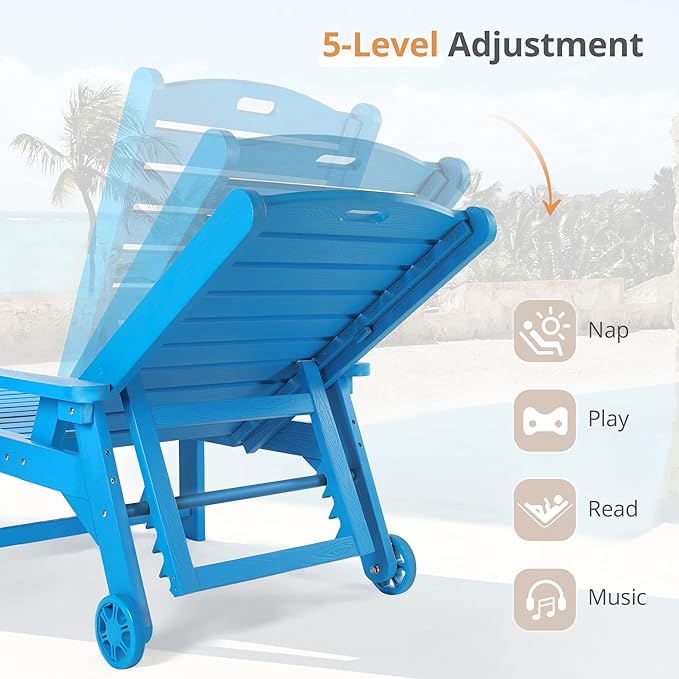 LUE BONA Outdoor Chaise Lounge, HDPS Chaise Lounger, 5 Positions Adjustable Lounge Chairs, Pool Lounge Chair with Wheels for Poolside, Backyard, Blue