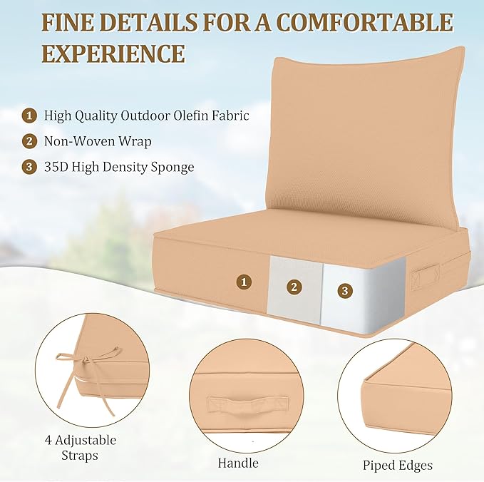Outdoor Deep Seat Cushion Set, Fade Resistant Patio Chair Cushions, 24x24x6 Inch Patio Sofa Furniture Pad with Removable Cushion Covers (Khaki, 24''Lx24''Wx6''H-1pcs Set)