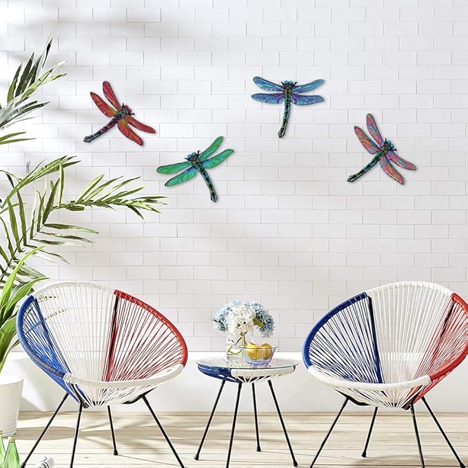 dreamskip Metal Dragonfly Wall Decor Art, 4 Pack Colorful Metal Dragonflies Outdoor Wall Art, Hand Painted Outdoor Wall Decor For Garden, Yard, Fence, Patio, Outside, Living Room Decoration