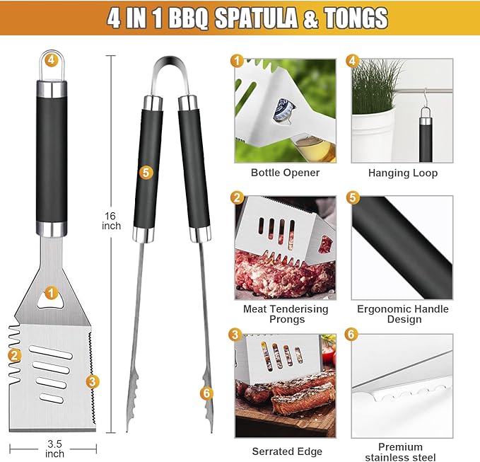 BBQ Grill Accessories Set, 38Pcs Stainless Steel Grill Tools Grilling Accessories with Aluminum Case, Thermometer, Grill Mats for Camping/Backyard Barbecue, Grill Utensils Set for Men Women
