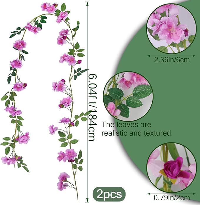 2 Pcs Artificial Flowers Garland for Outdoors Purple Faux Gardenia Garland 12Ft Silk Rose Hanging Vines Floral for Wedding Arch Party Wall Garden Ceremony Backdrop Fence Spring Decor