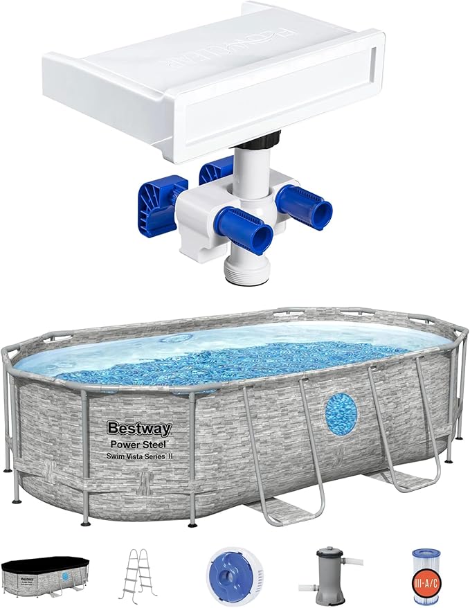Bestway 7 Colored LED Relaxing Waterfall Cascade Pool Accessory & Power Steel Swim Vista 14' x 8' x 39.5" Oval Outdoor Above Ground Swimming Pool Set