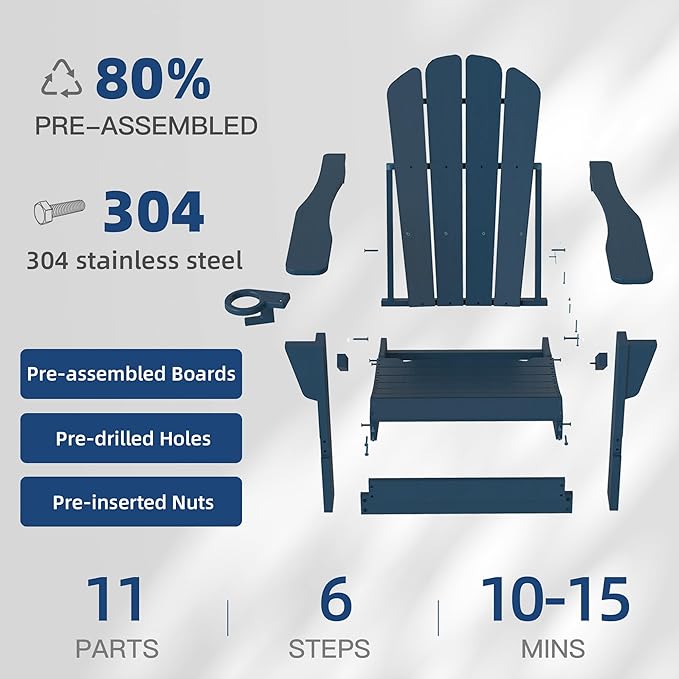 Domi Folding Adirondack Chair, HDPE All-Weather Outdoor Chair with Cup Holder, Wooden Textured Fire Pit Chair for Backyard, Patio, Poolside & Deck, Navy Blue