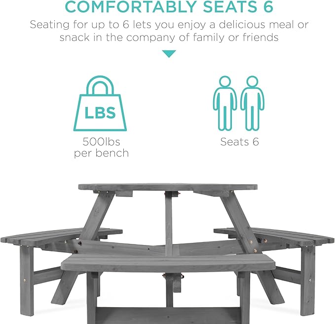 Best Choice Products 6-Person Circular Outdoor Wooden Picnic Table for Patio, Backyard, Garden, DIY w/ 3 Built-in Benches, 500lb Capacity - Gray