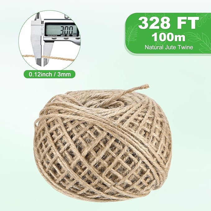 1-Pack Natural Jute Twine String, 3mm x 328ft/100m Long Garden Twine Balls for Crafts/Gift Wrapping/Gardening Plants, Durable Plant Ties Thick Rope [Brown]