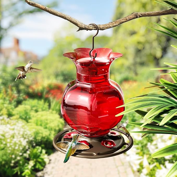 Auslar Hummingbird Feeder, Red Glass Hummingbird Feeders for Outdoors Hanging with Ant Moat, 5 Simulation Flowers Feeding Ports, 23 Ounces, Rustproof, Fade Proof, Pomegranate Shape, 2 Pack