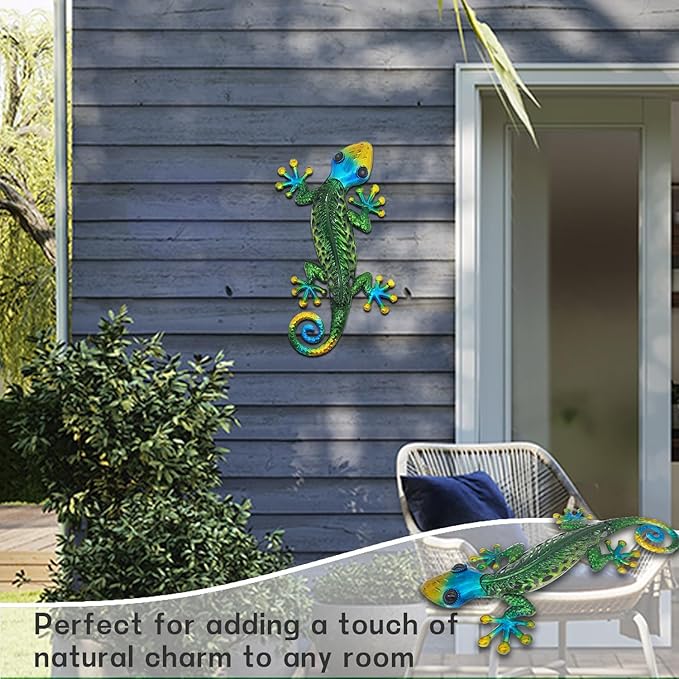 POXOHO Metal Gecko Wall Decor - Durable Outdoor Lizard Wall Art for Garden, Patio, Yard | Handcrafted Steel Lizard Sculpture with Rust-Resistant Coating | 3D Textured Reptile Decor (14 Inch)