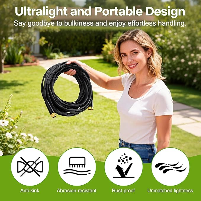 75 FT Non-Expanding Garden Hose，Ultra-Lightweight Flexible Anti-Kink Water Hose, Upgraded Fabric-Covered，High-Pressure & Burst-Resistant，Lead-Free.
