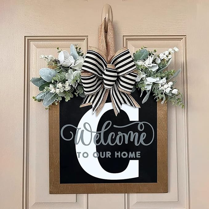 Last Name Porch Decor: Welcome Sign & 26 Letter Wreaths, All-Season Monogram (C), Spring Wreaths for Porch