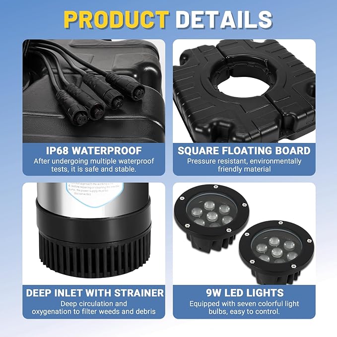 110V 15000 GPH Pond Fountain Aerator, Stainless Steel Fountain Pump with lights (4 lights)