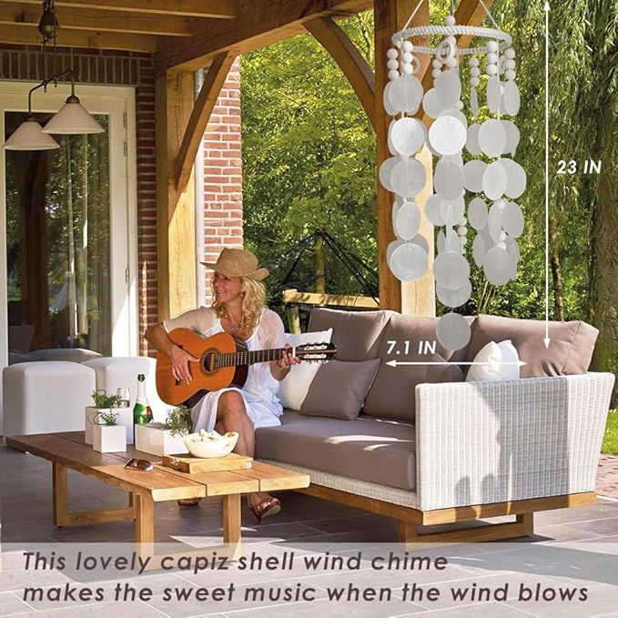Capiz Shell Wind Chime, Shell Wind Chimes for Outside, Sea Glass Seashell Windchimes Outdoors, Unique Outdoor Boho Decor for Patio Garden Balcony Porch, 7" W X 23" H, Remmdan