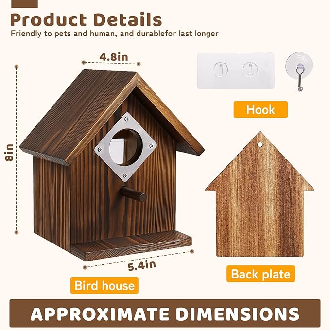Window Bird Houses for Outside with Stainless Steel Guard, Birdhouse Cover Panel and Adhesive Hooks, Clear for Viewing Inside, Hanging Wooden Birdhouses for Outdoors, for Bluebird Finch Chickadee