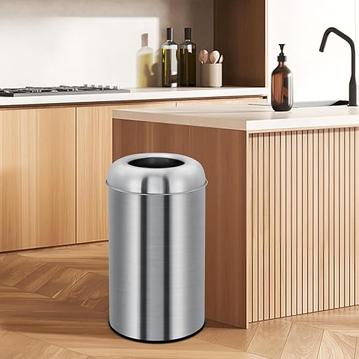70L/18.5 Gallon Tall Commercial Trash Can, Large Capacity Outdoor Trash Can with Lid, Round Stainless Steel Open Top Waste Bin, Metal Garbage Bin for Home, Office, Restaurant, Restroom