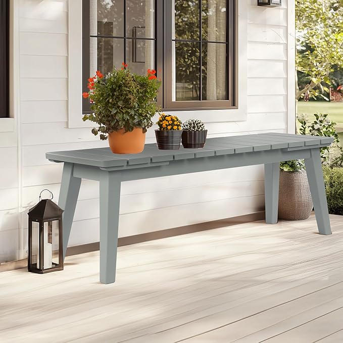 VINGLI Outdoor Wooden Bench, 45” 2-Person Backless Dining Bench, Weatherproof Outdoor Patio Bench for Porch Entryway Garden (2, Gray)