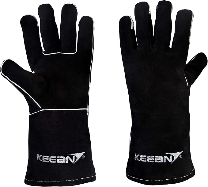 ARC/MIG 14 Inch Welding Gloves Black Heat&Fire Resistant At 500°C Leather Cut Proof Gaunlets With Kevlar Stitching, Thermal Work Safety Protective Heavy Duty, Pack Of 1