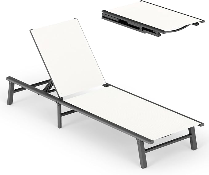 Ciokea Foldable Outdoor Lounge Chair, No Assembly Patio Chaise Lounge Outdoor with 5-Positions, Aluminum Pool Lounge Chair with Portable Design for Pool, Beach, Deck, Backyard, White