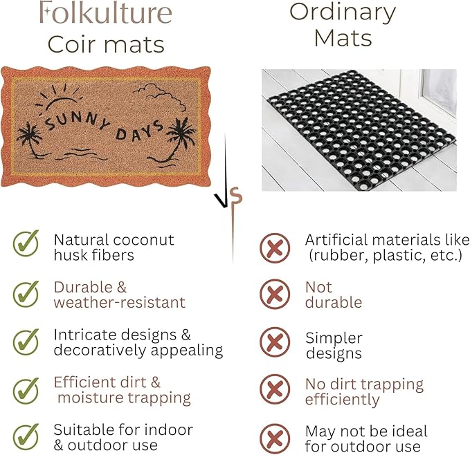 Folkulture Welcome Matt Outdoor | 16 x 28 Scalloped Door Mats for Front Door Mat Outside Entrance | Eco Friendly | Welcome-Mats Cute | Coir Door Mats | Outdoor Decor for Home | Durable & Anti Slip