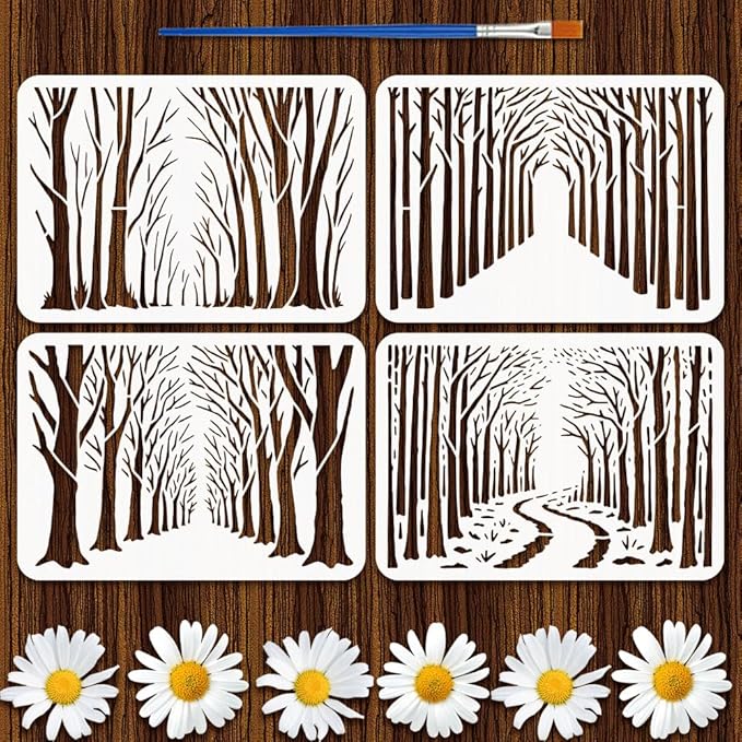FINGERINSPIRE 4PCS Forsest Painting Stencil with Plastic Brush 8.3x11.7inch Hollowed Trees Grass Drawing Template Pathway in Forsest Stencil Reusable Plant Theme Template for Adults Painting on Wood