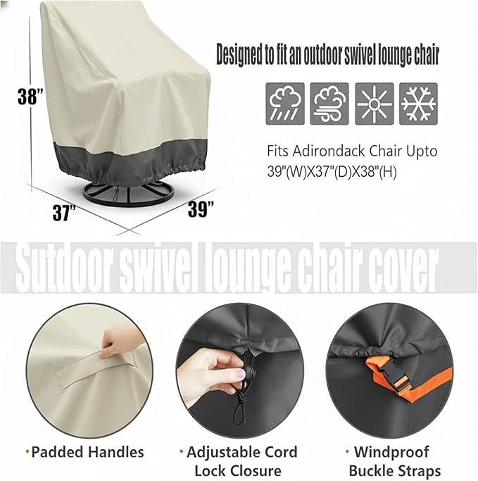 2 Pack Heavy Duty Patio Chair Covers - Rip-Resistant 600D Oxford Fabric - 8000mm Waterproof UV-Resistant Outdoor Furniture Covers for Adirondack, Rocking, and Swivel Chairs, 39"W x 37"D x 38"H